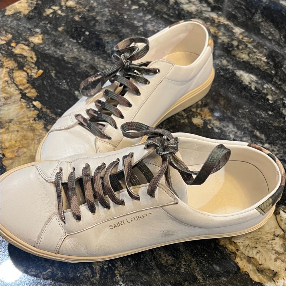 Saint Laurent Women White Leather Sneakers with Camouflage Border and Laces 36.5